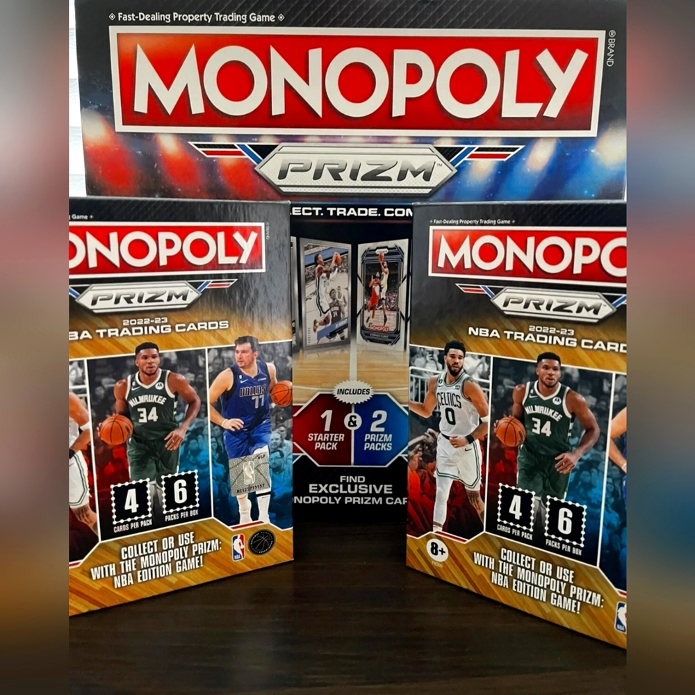 MONOPOLY PANINI PRIZM NBA EDITION TRADING CARD BOARD GAME & 2 BOOSTER BOX LOT